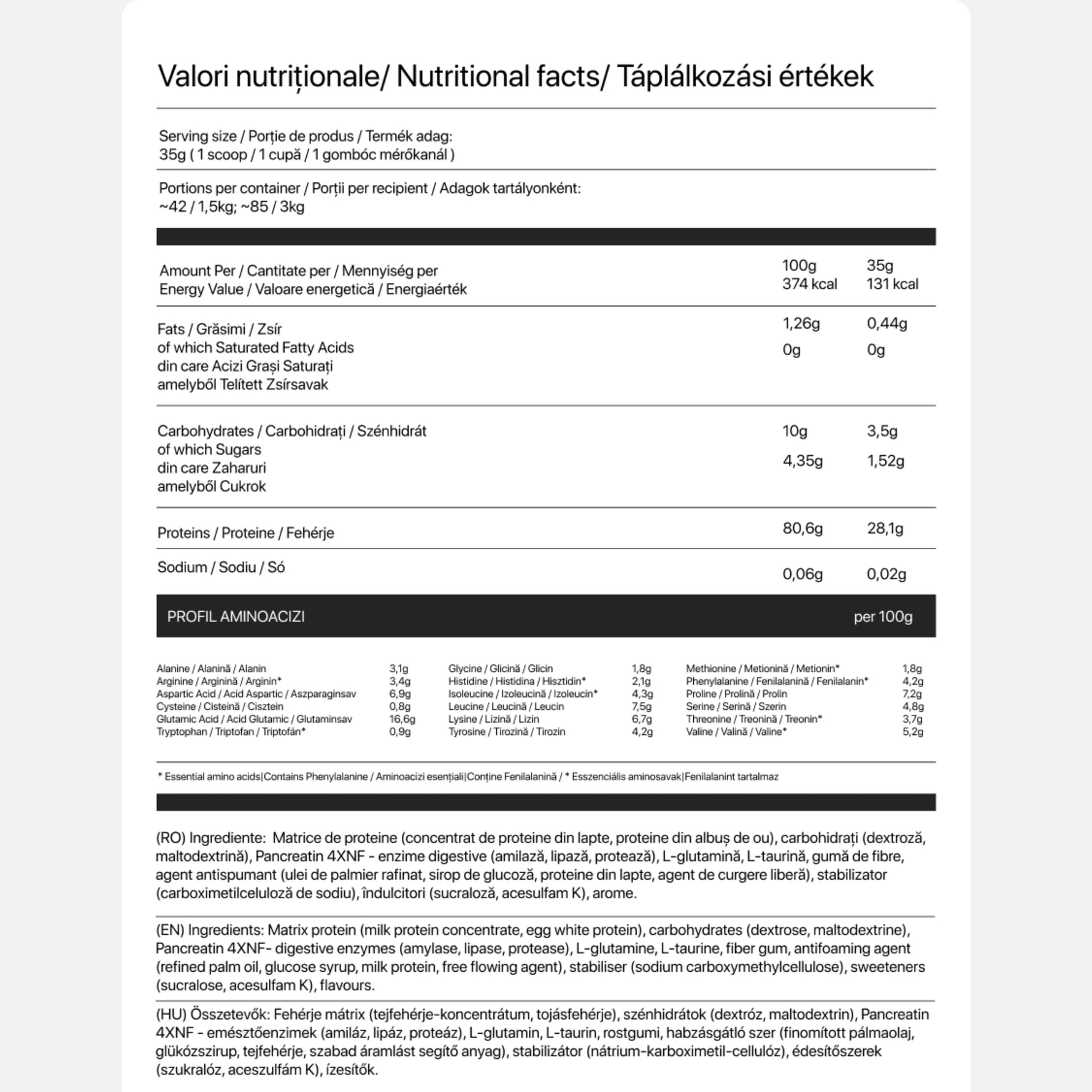 Compoziție Twin Pulse Milk & Egg – proteine din ou și lapte, L-Glutamină, L-Taurină și enzime digestive
